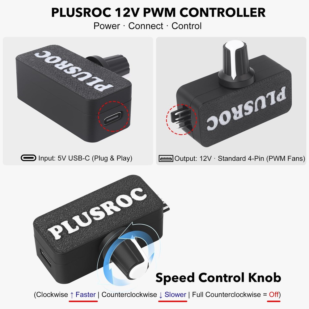 PlusRoc 12V PWM PC Fan Controller Pro with USB Type-C Power Cable & black