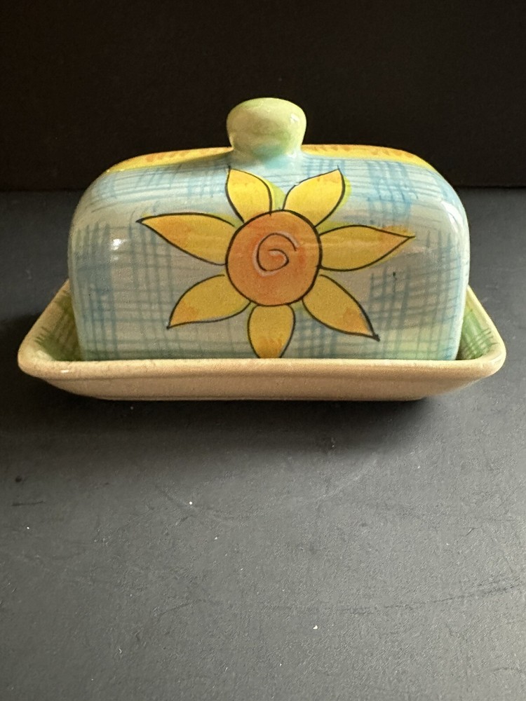 Hand Painted Pottery Covered Butter Dish Multicolor Flower Ceramic Spring Decor