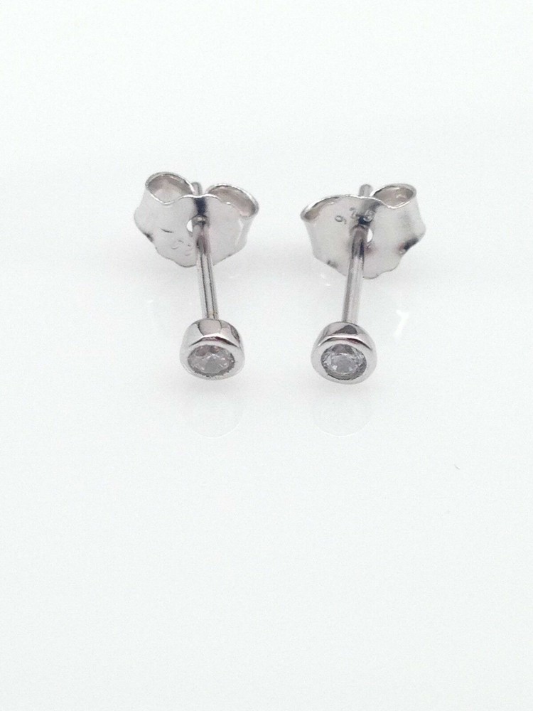 Silver Plated Tiny Bezel Cz Solitaire Stud Earrings 2mm Lab-Created