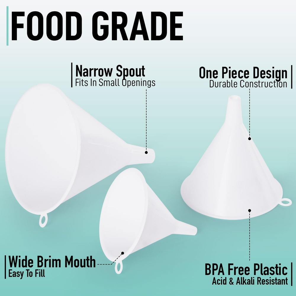 3Piece Kitchen Funnel Set, Plastic Large Medium Small Funnels for Bottles, White