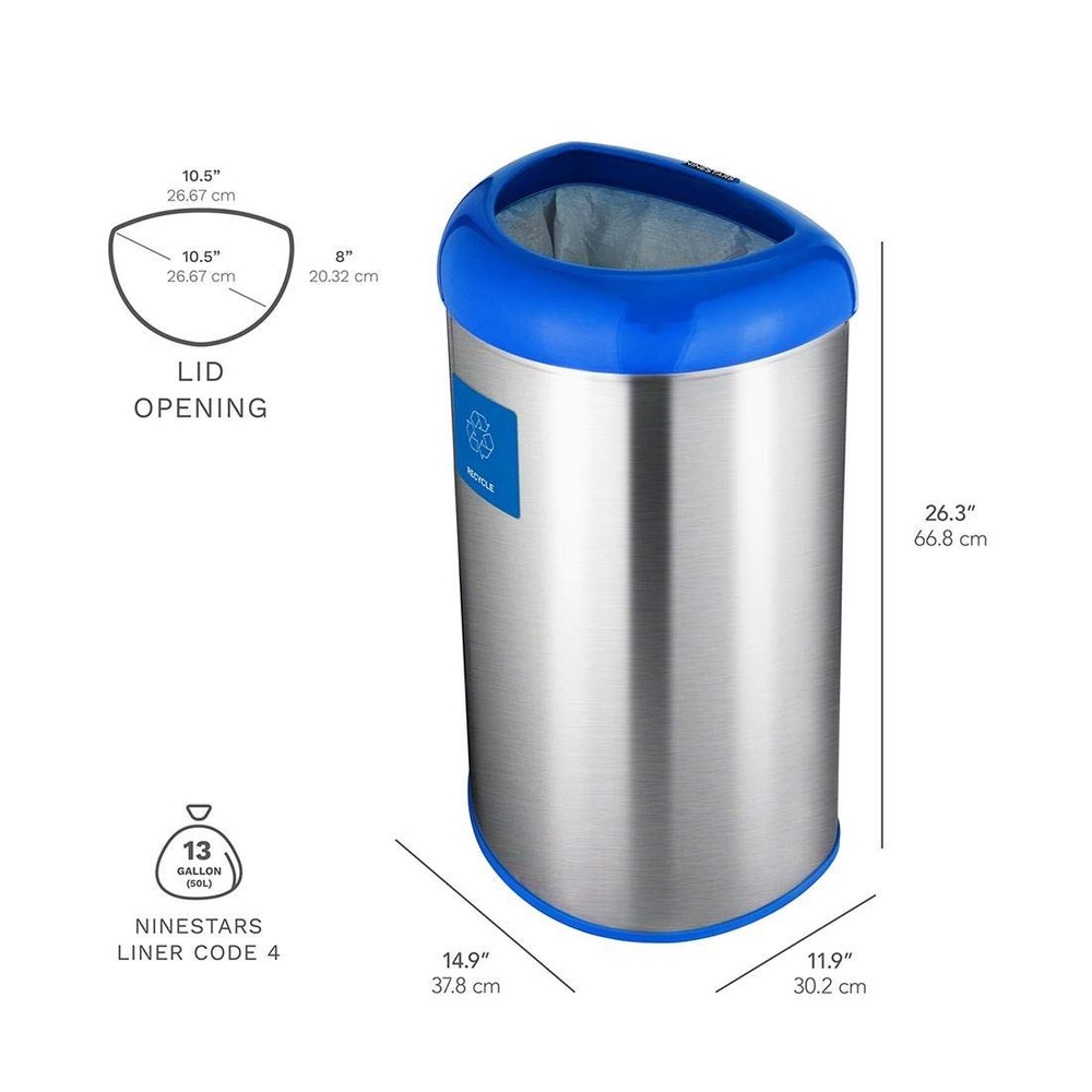 Ninestars OTT-50-19BL Open Trash Can, Large, Silver