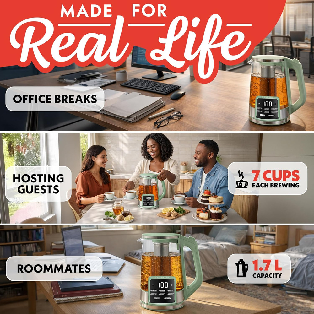 Electric Glass Kettle – 1.7L Programmable Tea & Coffee Brewer with Digital Touch