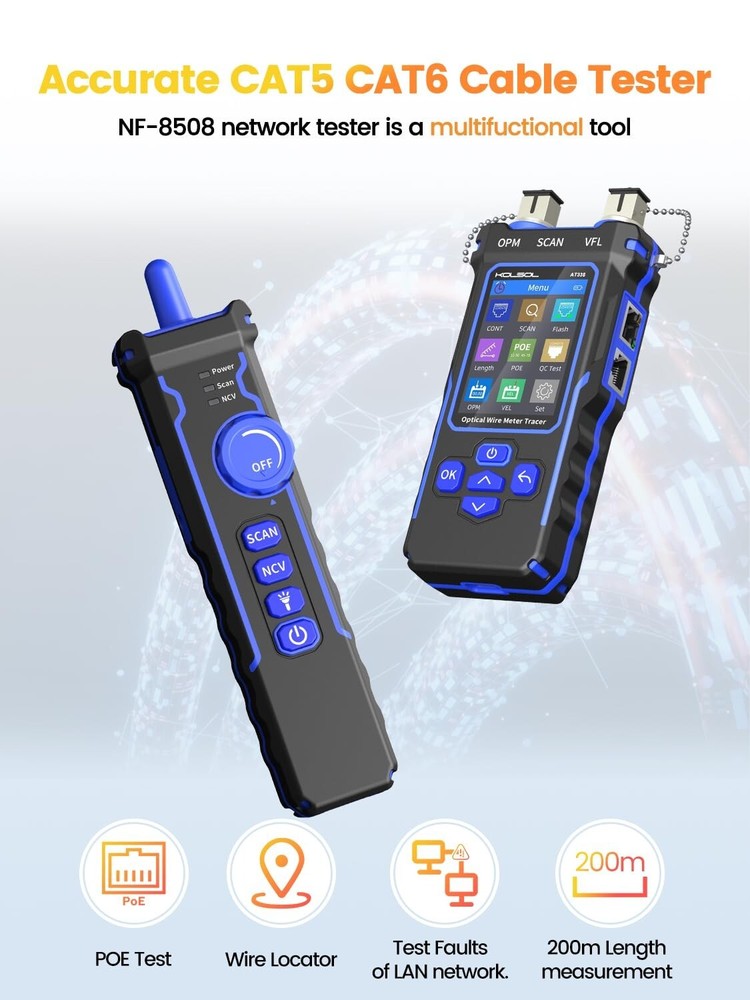 Efficient Network Tester with POE Capability and Non-Contact Voltage Detection