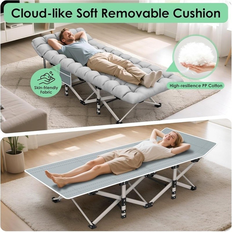 Portable Camping Cot W/ Soft Removable Pad Anti Rust Frame Large Side Pocket New