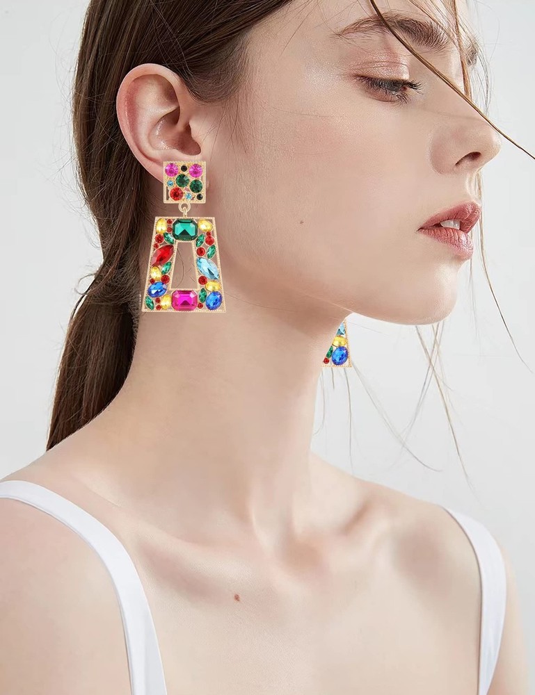Elegant Rhinestone Rectangle Dangle Earrings Trendy Geometric Drop Statement ...