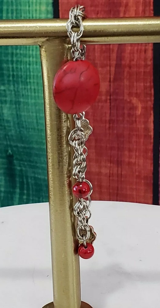 Silver Twisted Chain with Red Agate Stones