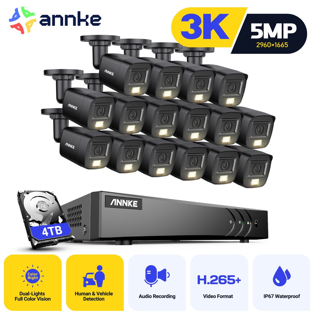 ANNKE H.265+ 16CH DVR 5MP Audio Security Camera System Full Color Detection IP67