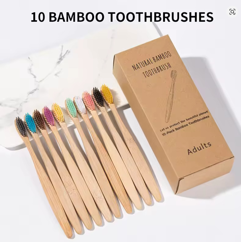 Bamboo Toothbrushes 10 Pack Biodegradable Soft Medium Charcoal Bristles