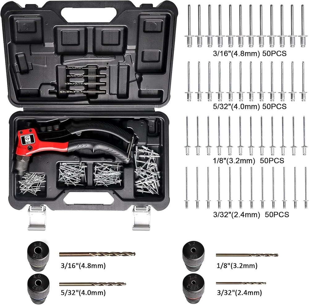 Versatile Pop Rivet Tool Kit: 200 Rivets, 4 Interchangeable Bits, & Carry Case