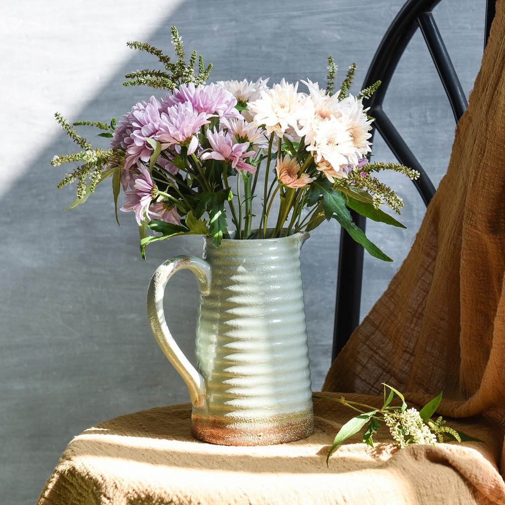Ceramic Rustic Vase with Handle, Green Distressed Decorative Farmhouse Pitche...
