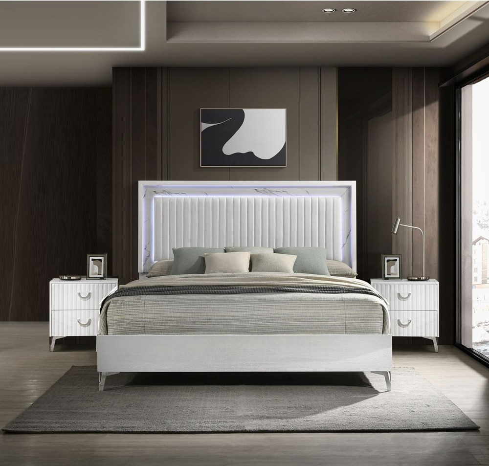 Modern 3pc LED Light Upholstered Headboard Queen Bed Nightstands Set White