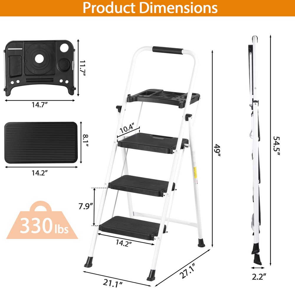 Step Ladder Sturdy 3-Step Ladder with Tool Platform Folding Ladder Lightweight