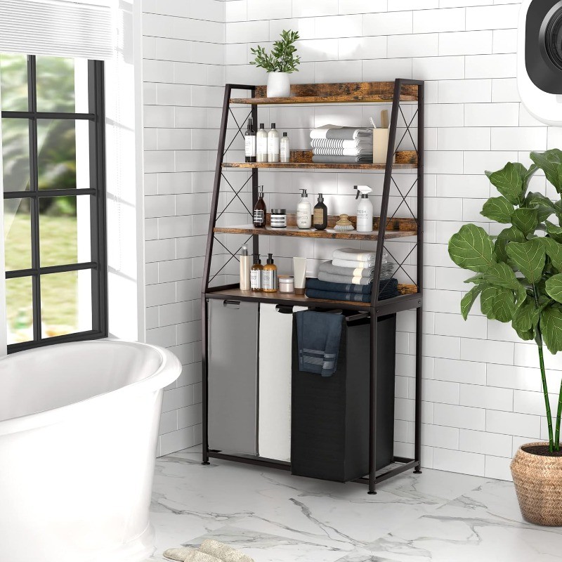 Basket, 3 Section Laundry Hamper with 4 Tiers Shelf, Pull-Out