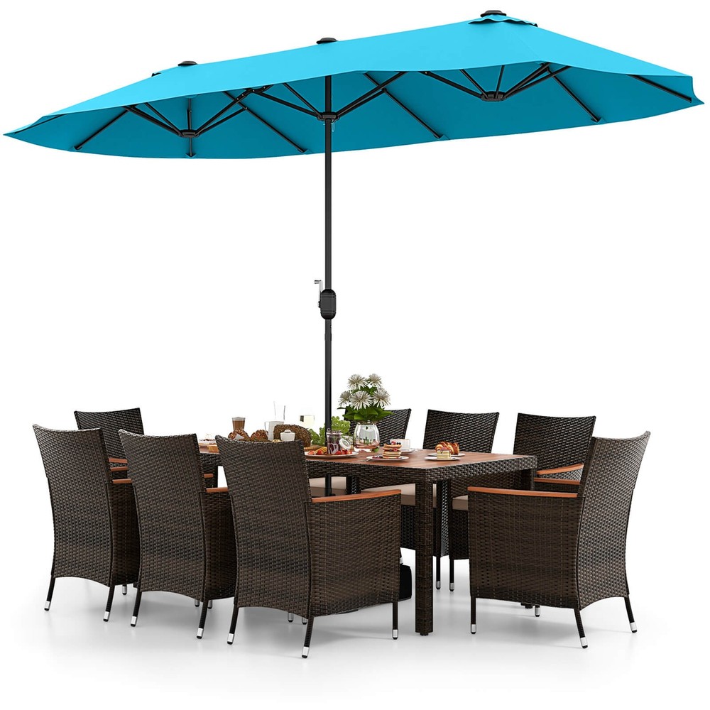 11PCS Patio Wicker Dining Set w/Double-Sided Outdoor Umbrella 8 Stackable Chairs