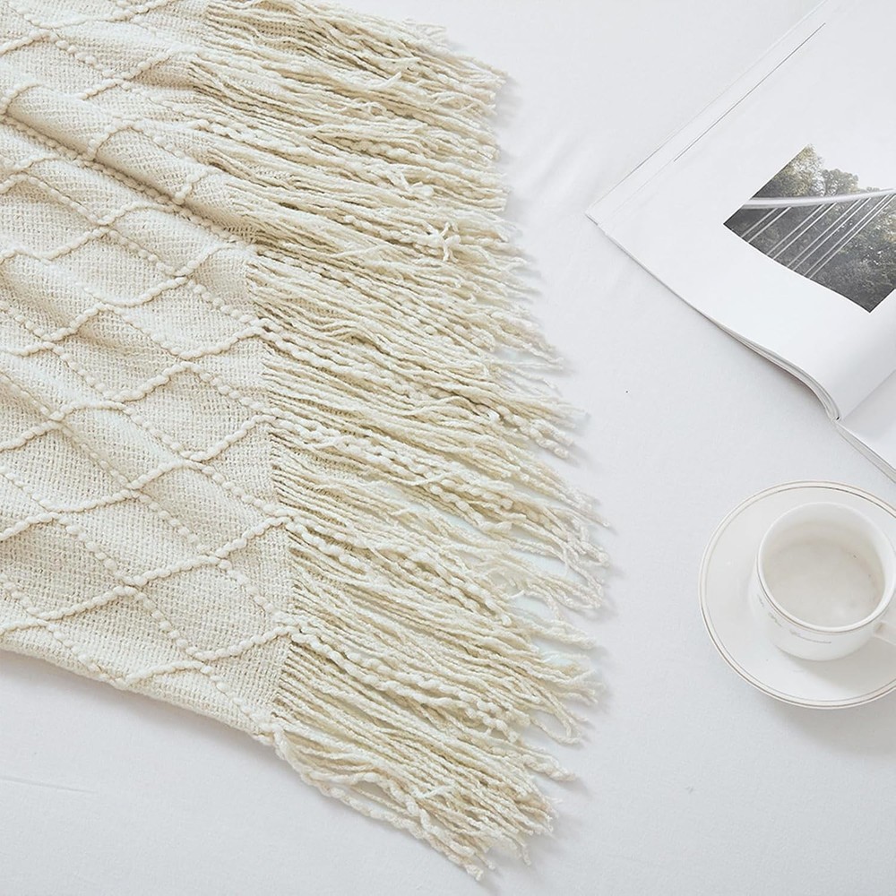 Beige Throw Blanket 50x60 Inches Throw Textured Solid Soft Sofa Couch Decorat...