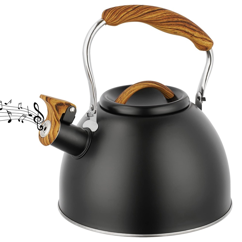 Whistling Tea Kettle 3.0 Quart Stove Top Stainless Steel Wood Pattern Handle