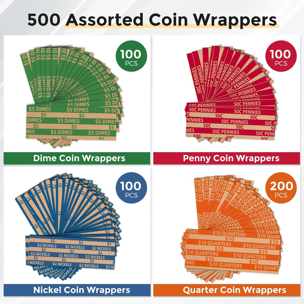 Coin Wrappers Assorted 500 Flat Stripped Roll for 500