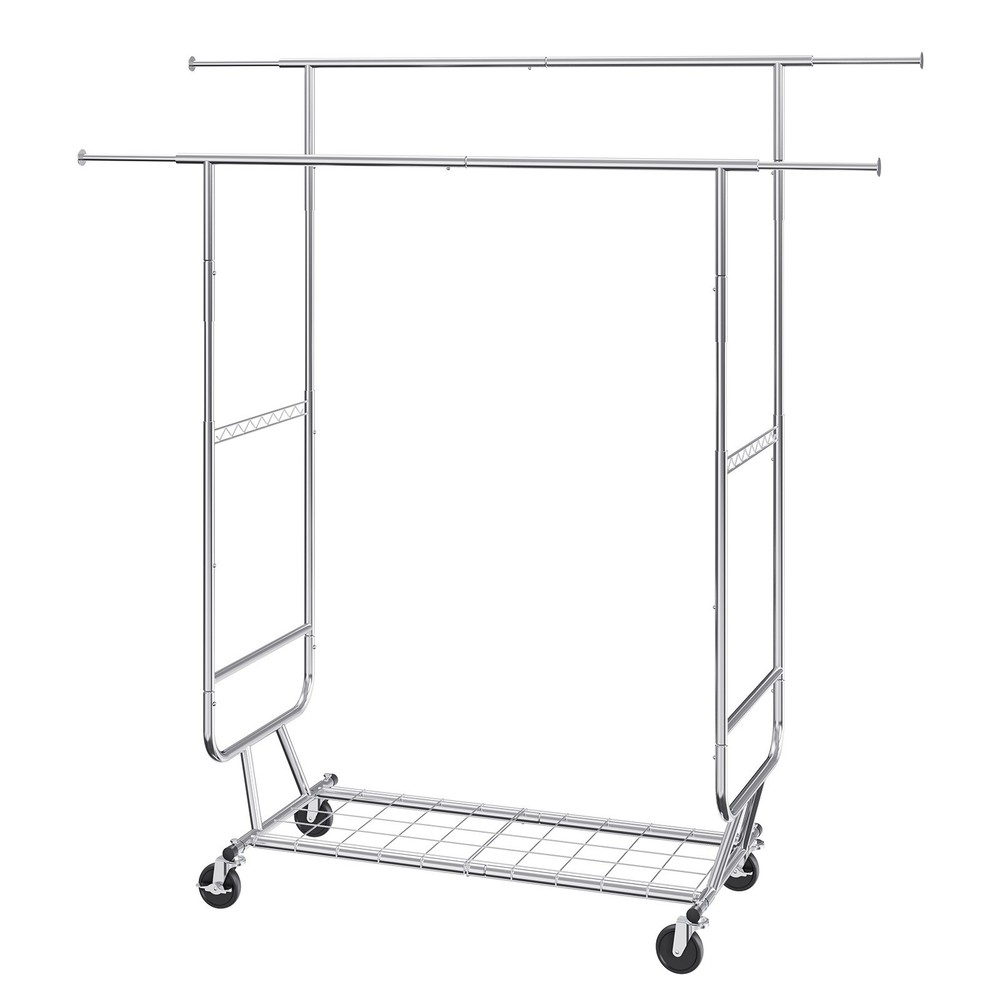 Mobile Coat Rack, Retractable Adjustable, Heavy Duty Chrome with Bottom Shelf
