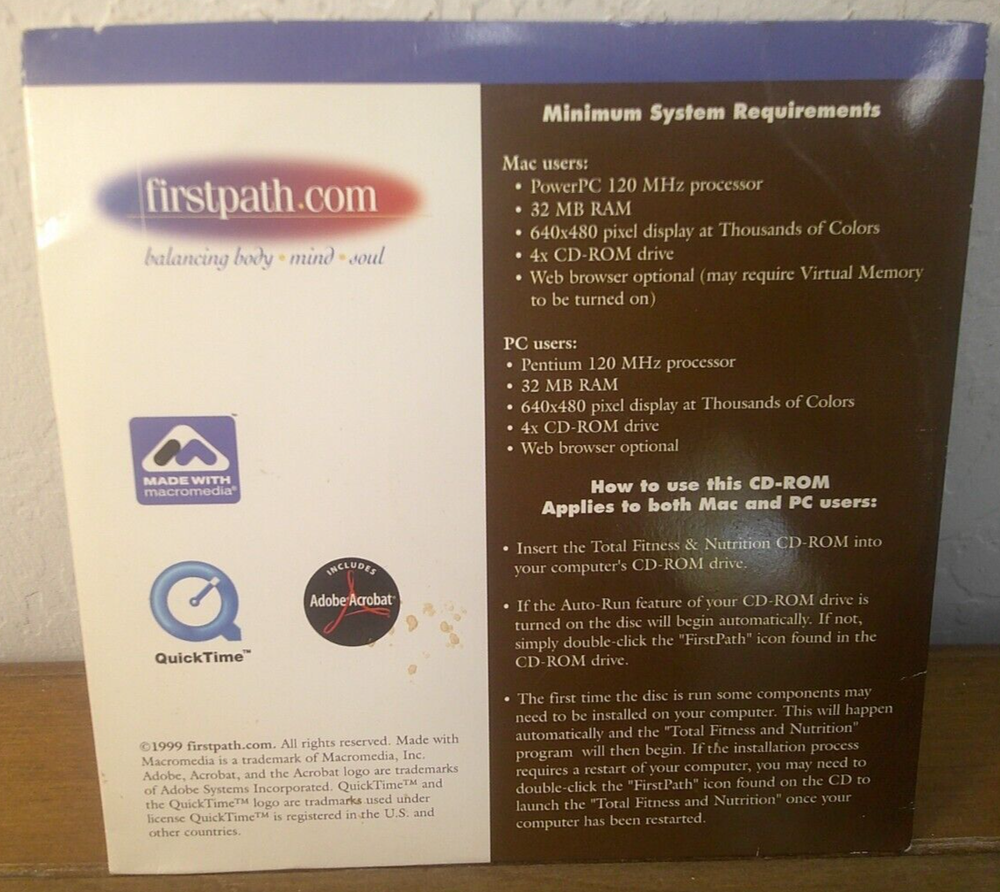 Total Fitness and Nutrition! ~CD ROM! ~Firstpath! ~1999! ~Computer Software!