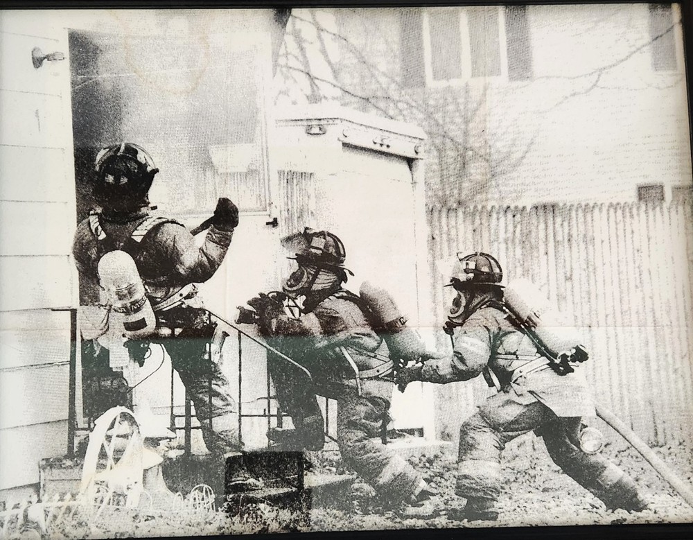 Fire Attack Crew Ready to Enter B&W with Heavy Wood Frame