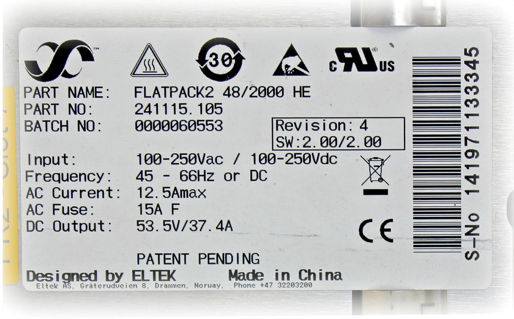 Eltek Flatpack 2 High Efficiency 2000 W -48 VDC rectifier, 40 amps USED
