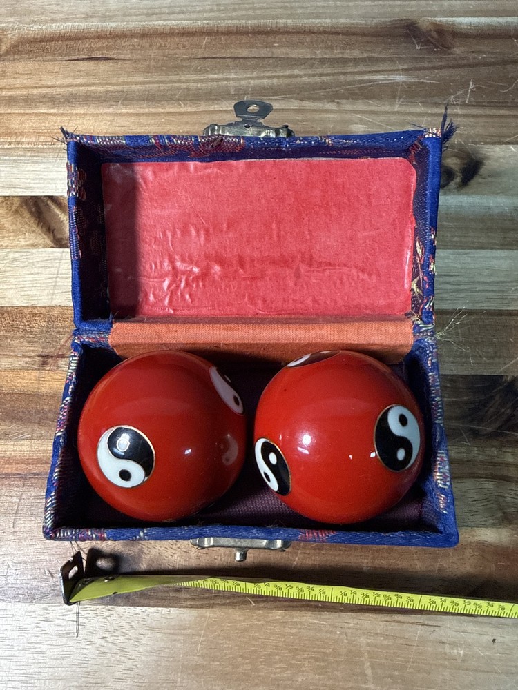 Red Yin Yang Chinese Baoding Stress Relaxation Balls with Brocade Box