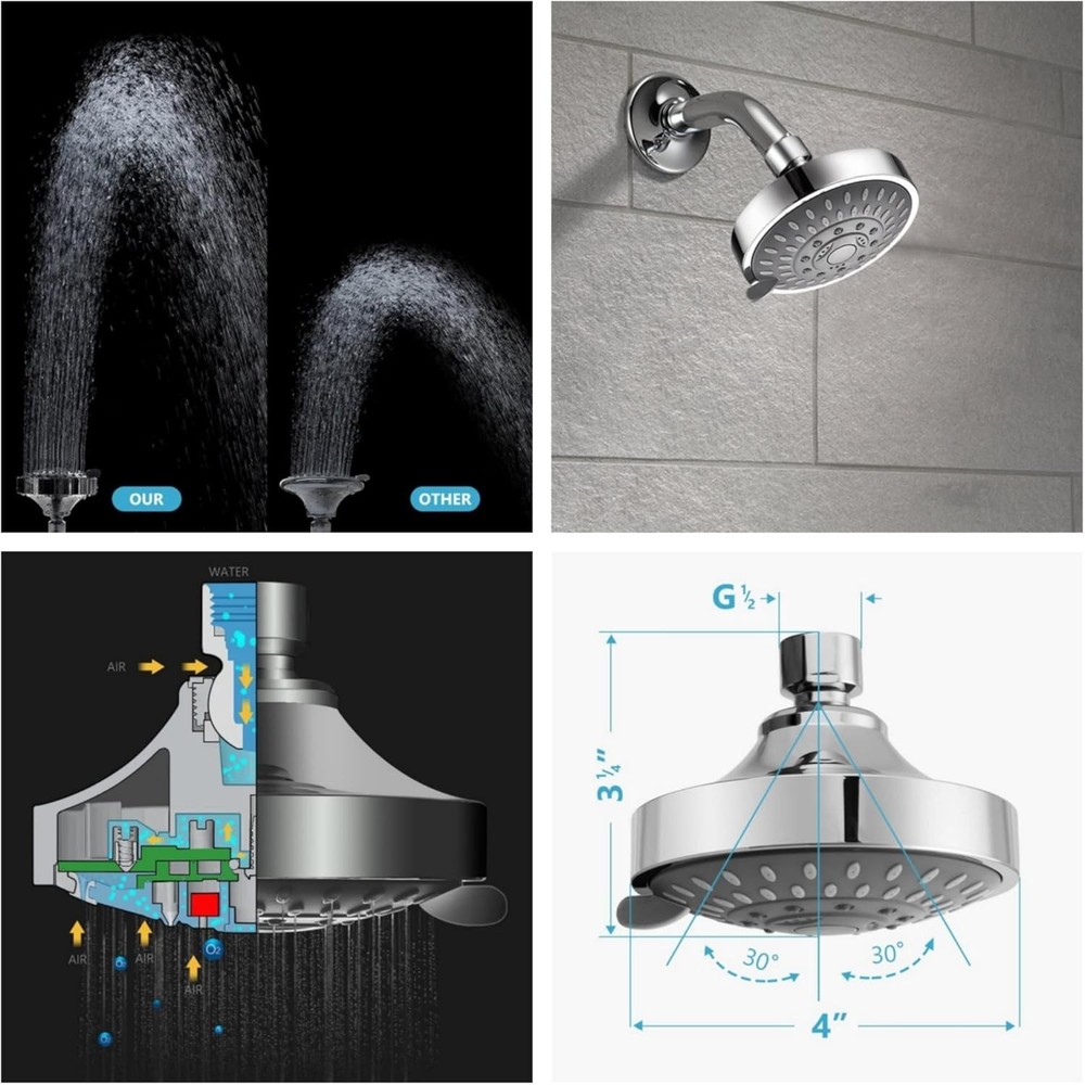 High Pressure Fixed Shower Head 5-Setting Rainfall Adjustable Wall Mount Chrome