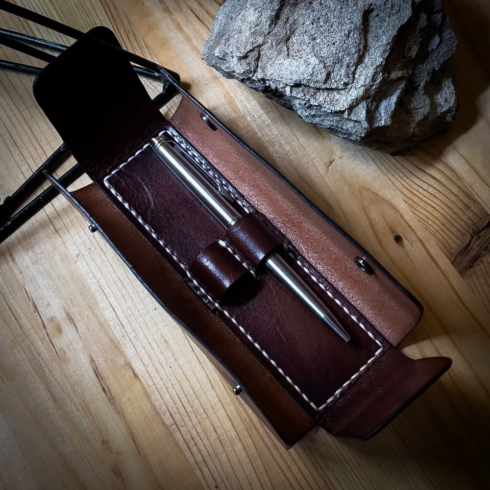 Leather brown pen and pencil case. Handmade.