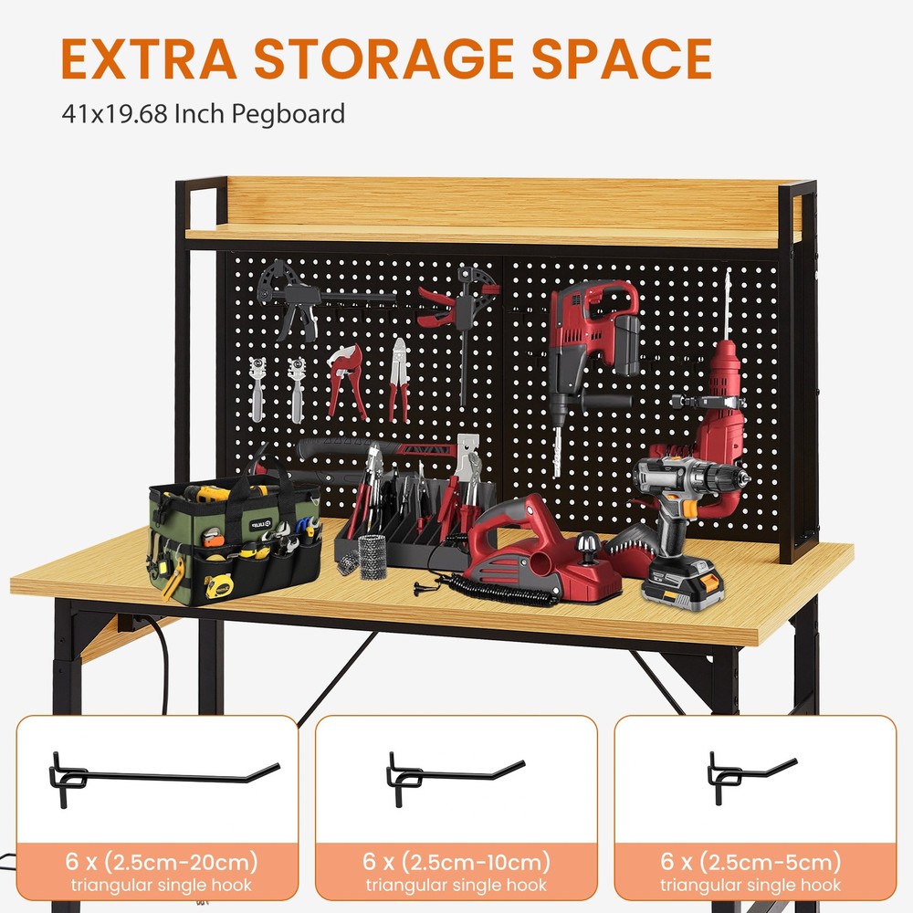 48''Adjustable Workbench w/pegboard,Heavy Duty Wooden Desktop Workbench w/Wheels