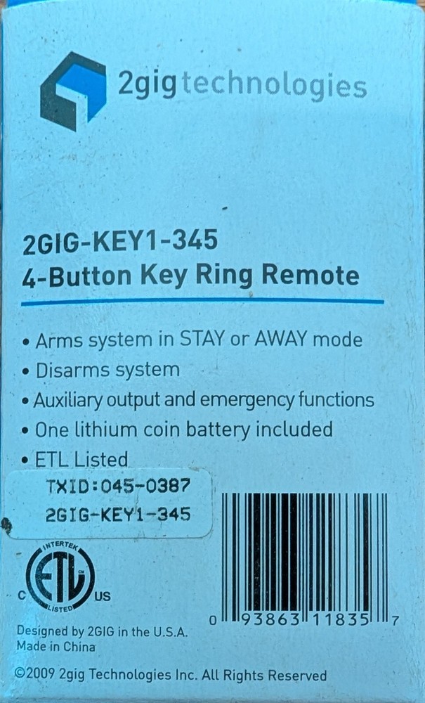 2 GIG TECHNOLOGIES 2GIG-KEY1-345 - SAME DAY SHIPPING