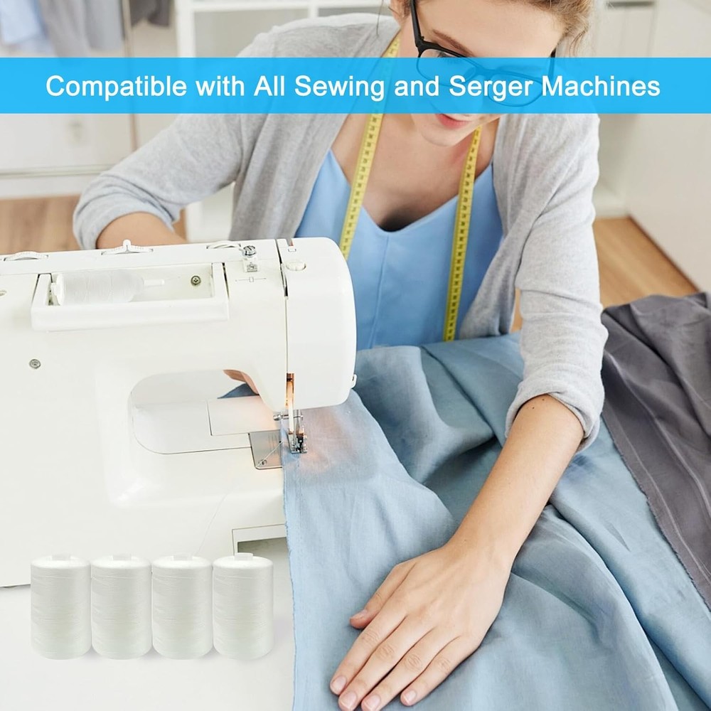 4 Spools Sewing Thread Polyester 1000yd White for Machine & Hand Use US