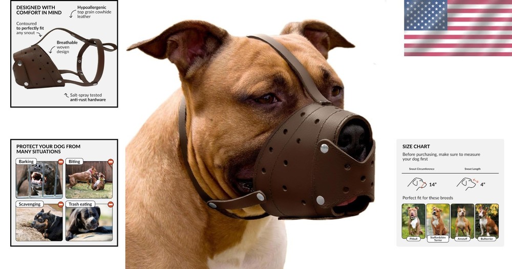 Adjustable Leather Dog Muzzle for Training – Anti-Bark for Pit Bulls & Staffies