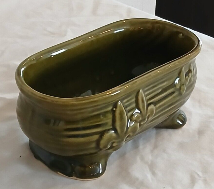 Olive Green Footed Oval Shaped Fleur De Lis Ceramic Planter6.6"x3.25"