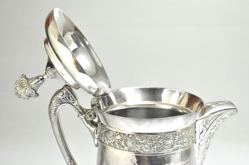 VINTAGE REPOUSSE SILVERPLATE WATER PITCHER FLORAL DESIGN- NO HALLMARK