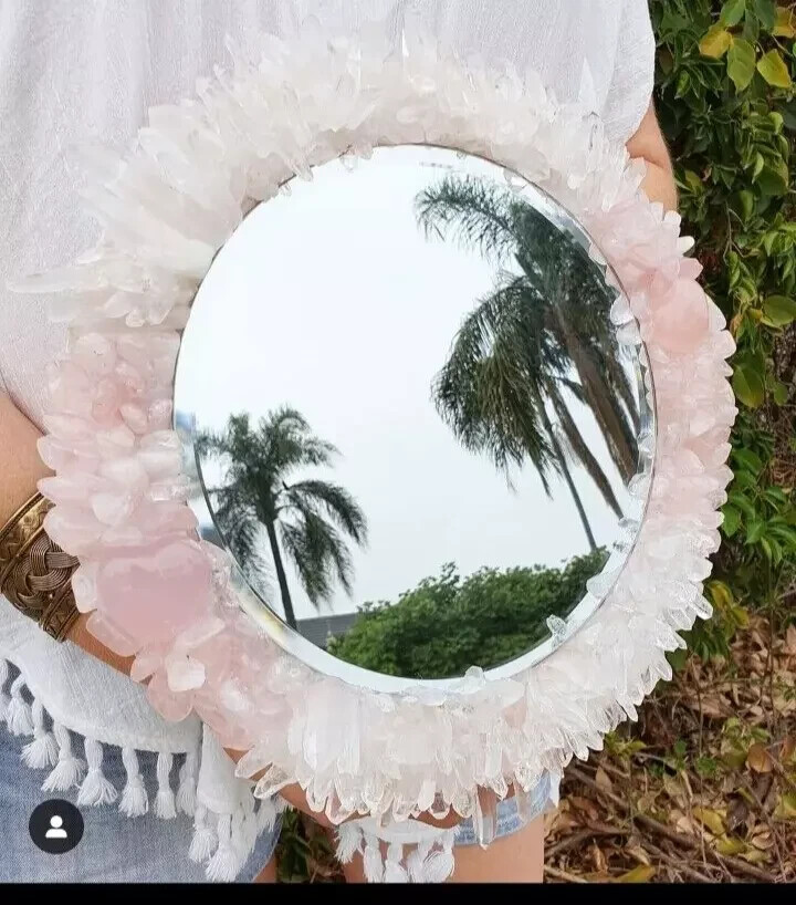 15" Luxury Pink Rose Quartz Mirror – Handcrafted Gemstone Wal