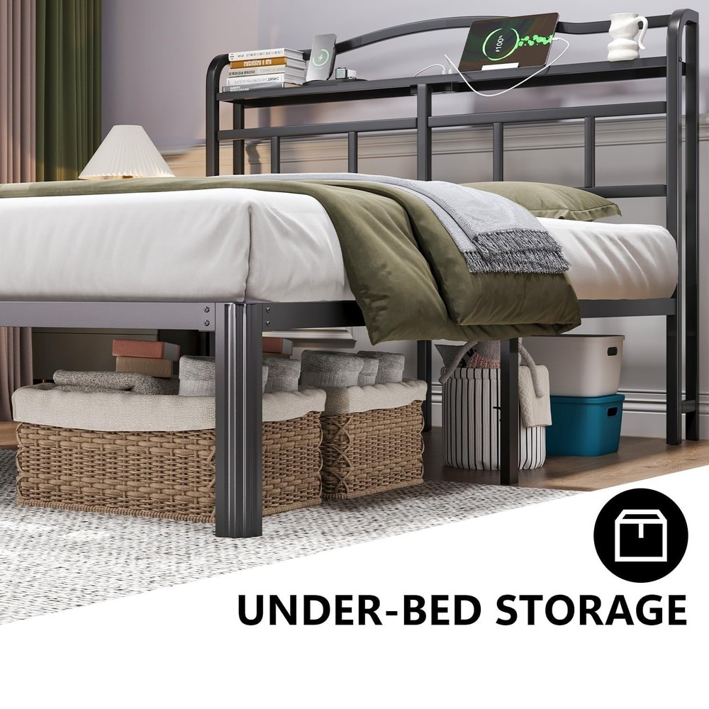 Full Size Bed Frame - Storage Headboard with Charging Station, 14 Inch Sturdy...