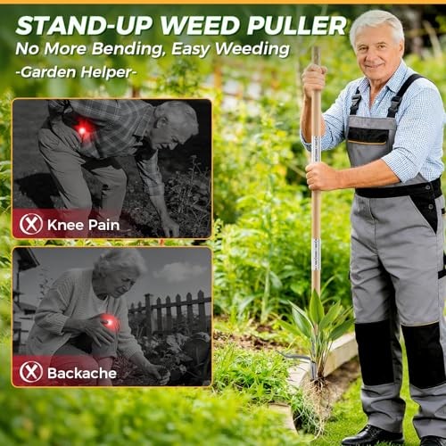 Weed Puller Tool, Stand Up Heavy Duty Root Removal Tool with 4 Bamboo brown