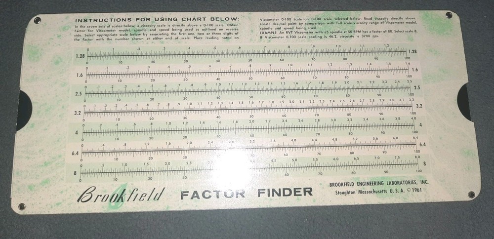 Vintage 1961 Brookfield RV & LV Viscometer Factor Finder Spindle Reference Card