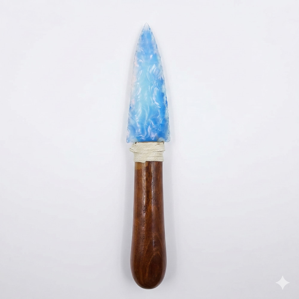 Ethereal Opalite Arrowhead Knife - 8" Hand-Carved Wooden Handle Dagger,