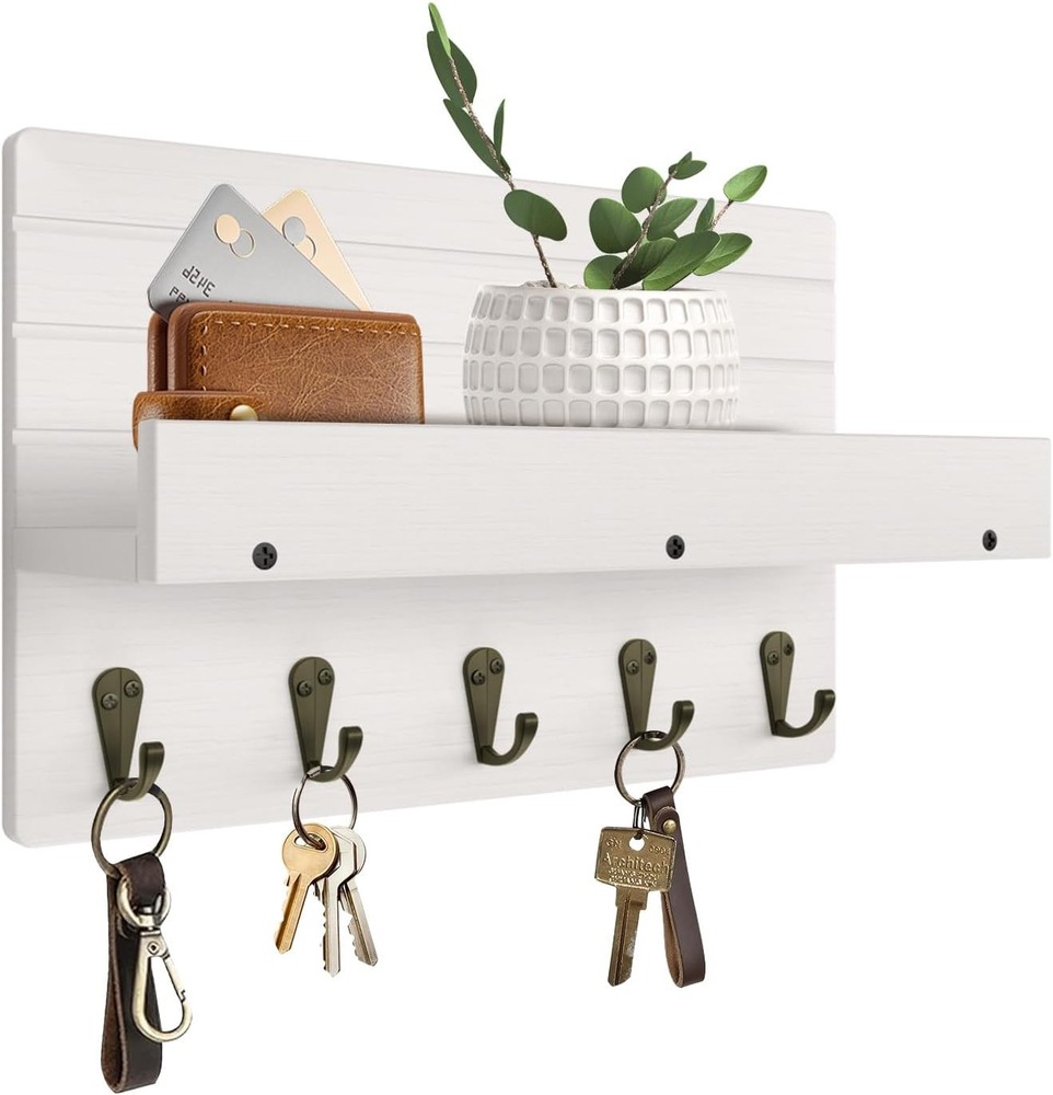 Wall Mounted Key Holder with Shelf & 5 Hooks - Mail Organizer Decor Storage