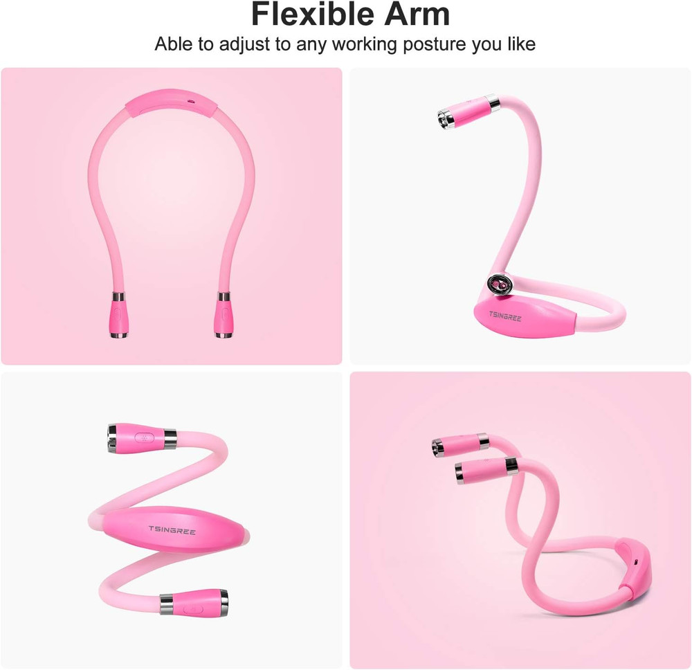 LED Neck Book Light USB C Rechargeable Hands Free 3 Mode Brightness Pink