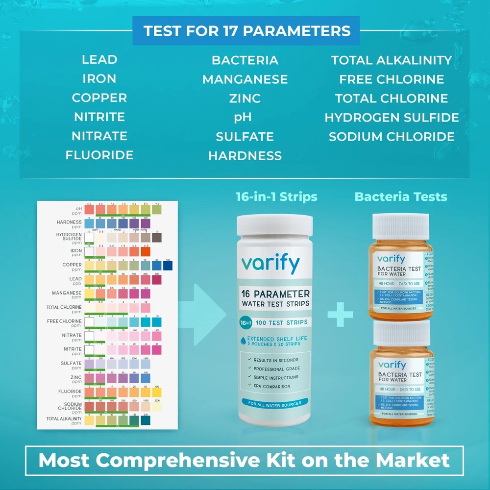 Varify 17In1 Complete Drinking Water Test Kit - 100 Strips + 2 Bacteria