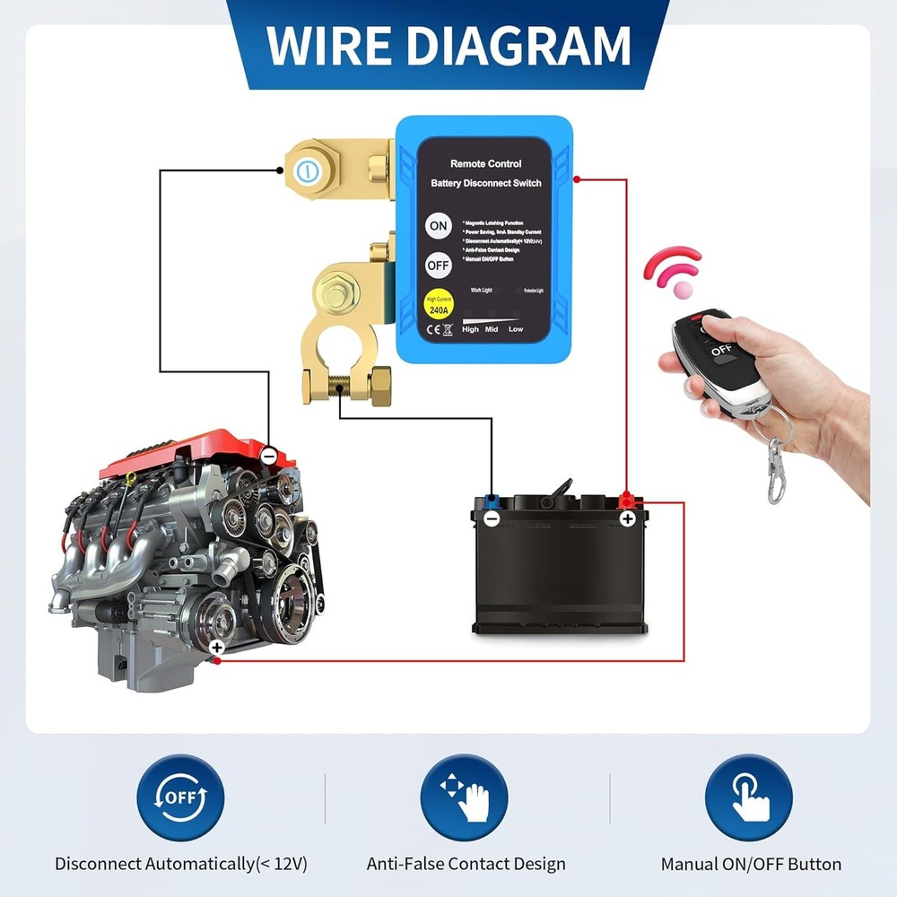 Kill Switch 12V 240A Remote Battery Disconnect Switch Automatic Power Off Switch