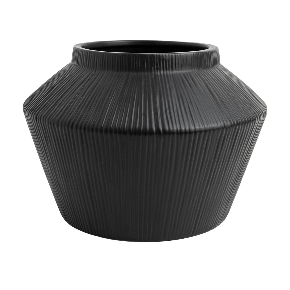 Black Ribbed Ceramic Angular Short Vase 6" W/ Modern Minimalist Style