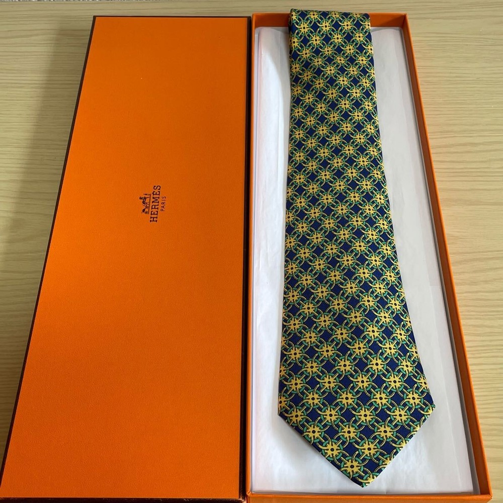 HERMES Blue Gold Green Gear Pattern Tie