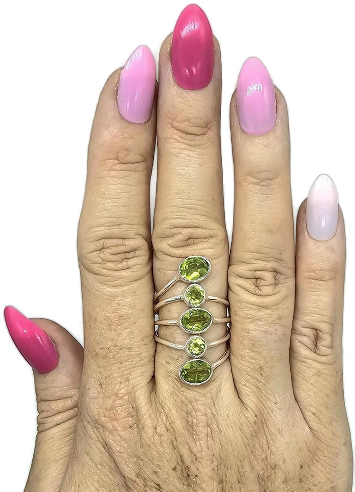 Five Stone Peridot Ring, Size 8.5, Sterling Silver, August Birthstone, Statement