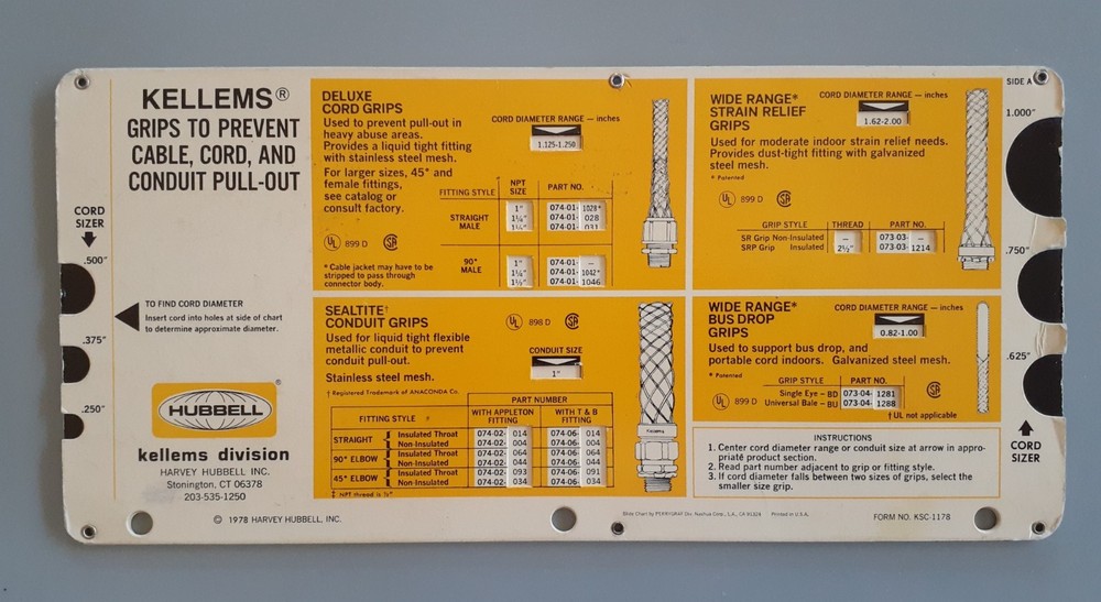 Vntg Paperboard KELLEMS PULLING & SUPPORT GRIP SELECTOR -Electrical Engineering