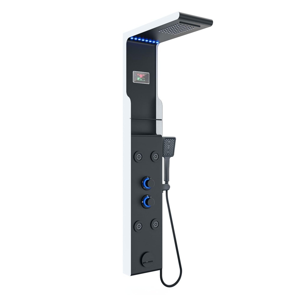 ELLO&ALLO LED Shower Panel Tower System with Shelf, Rainfall Black&Silver