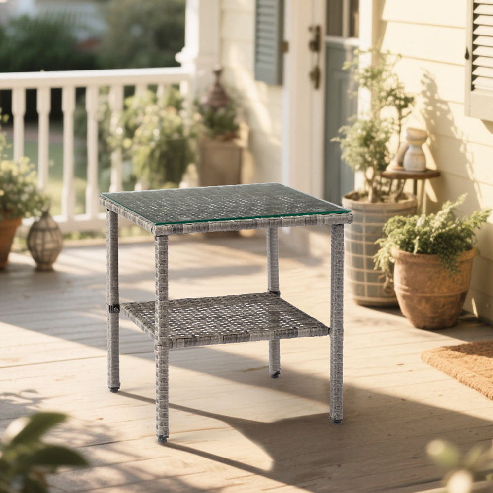 New Square Double-layer Glass Tabletop Gray Gradient Rattan Edge Table.