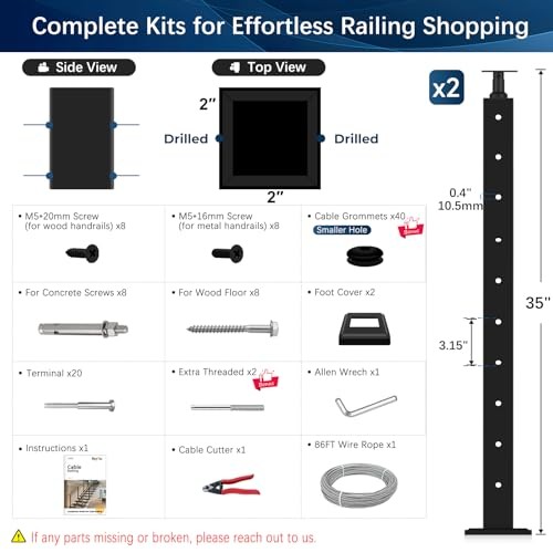 Complete Set Cable Railing Post Kit, 2 Pack Level 36" 1 Level Posts Kit-2 Pack